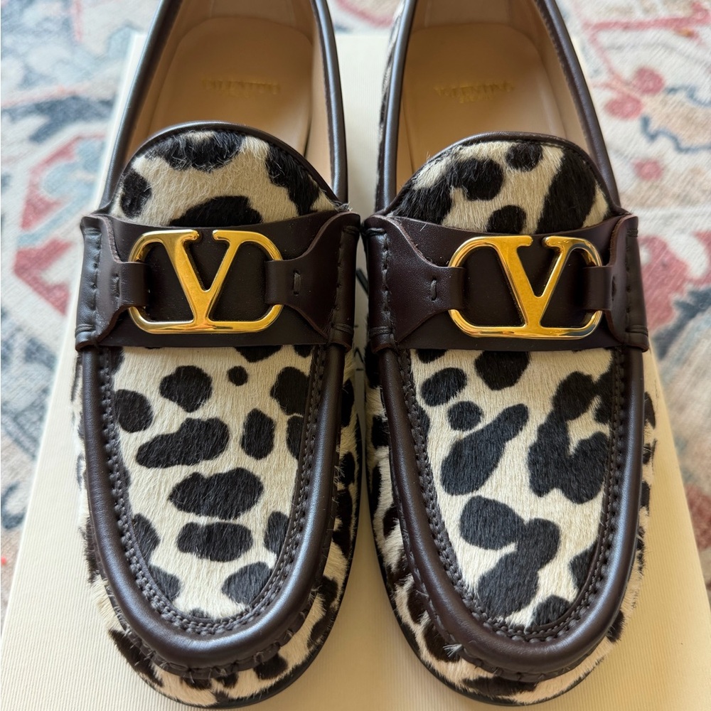 Valentino Garavani Brown and White Loafers with Gold Accent